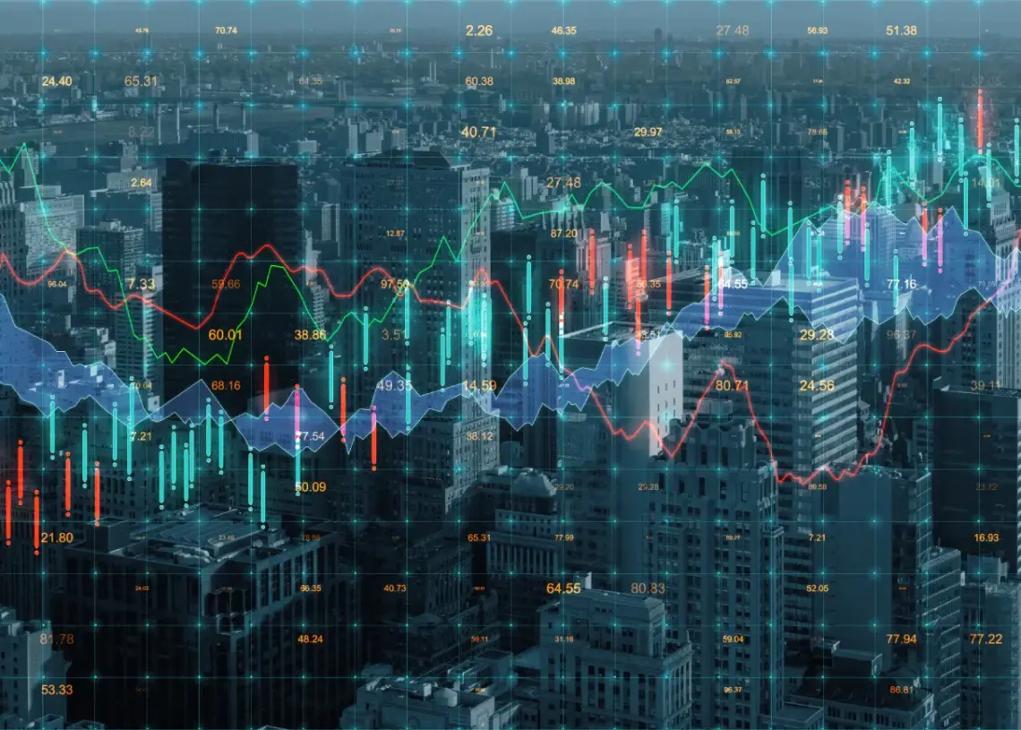 forex chart on creative blurry downtown city bg
