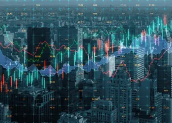 forex chart on creative blurry downtown city bg