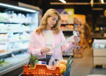 woman checking grocery receipt for budgeting