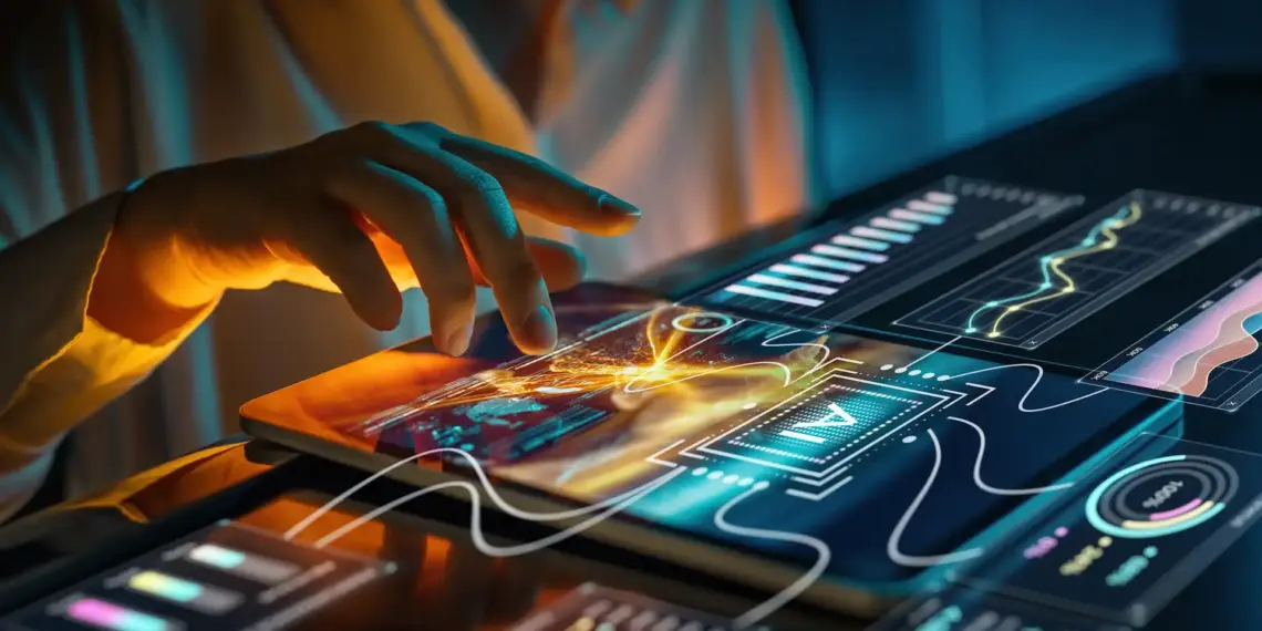 close up of hand interacting with futuristic touch