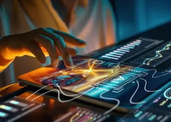 close up of hand interacting with futuristic touch