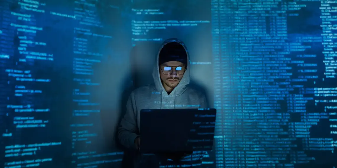 hooded young adult using laptop in dark room