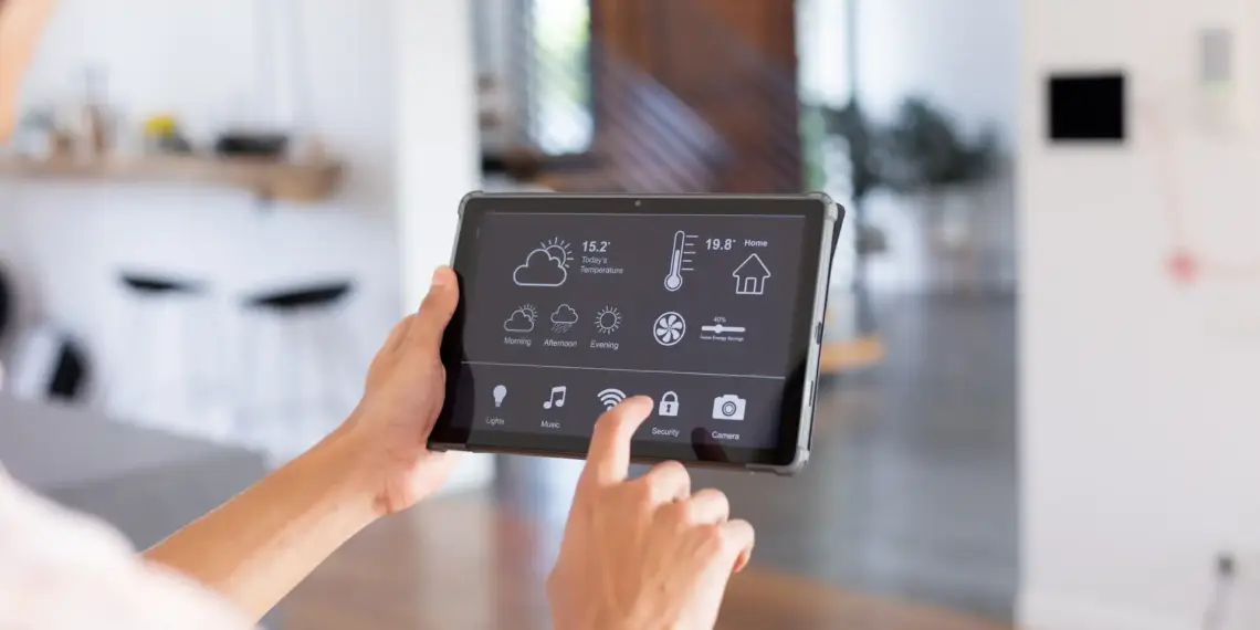 smart home control on tablet in modern interior