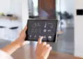 smart home control on tablet in modern interior