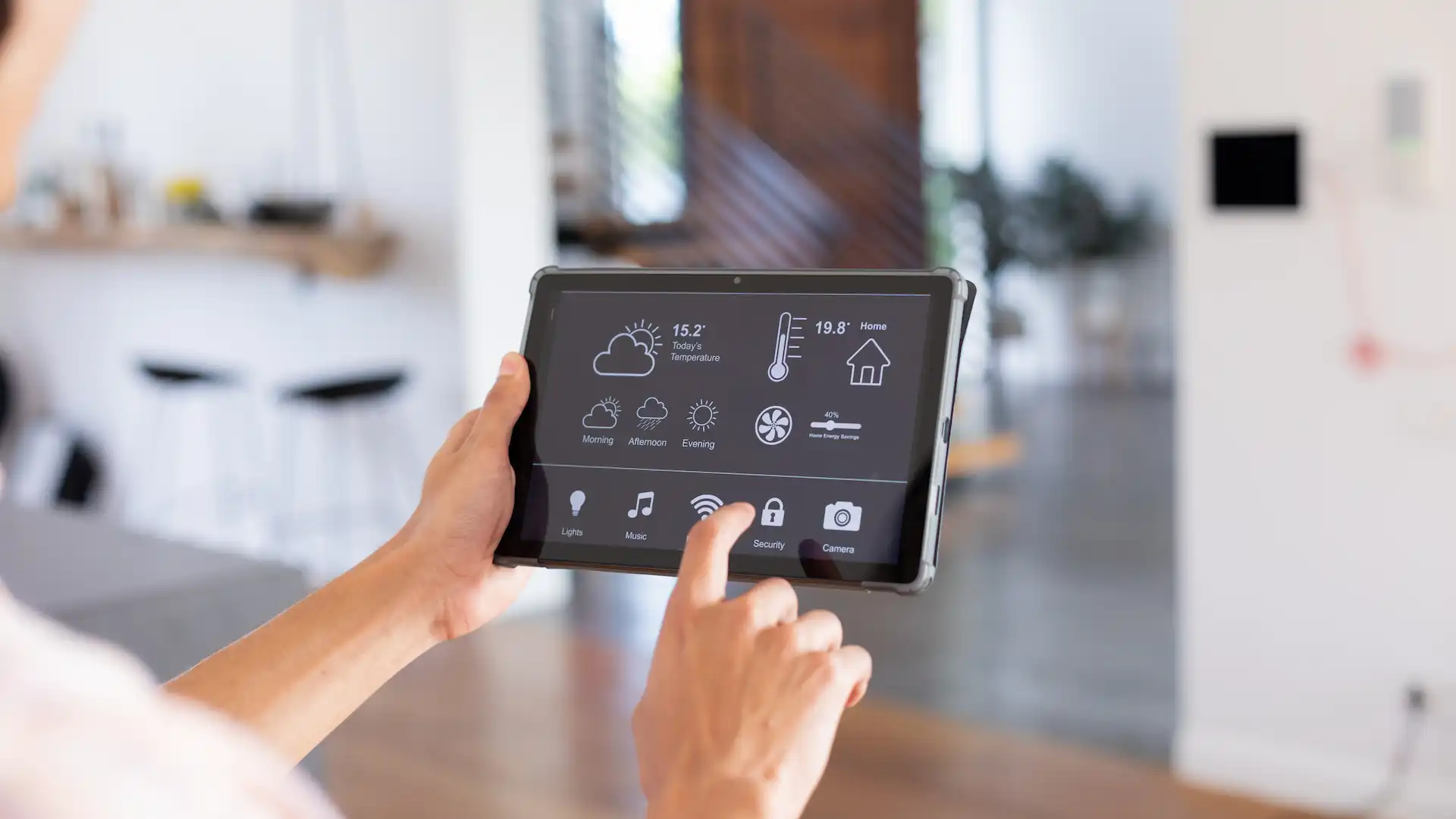 smart home control on tablet in modern interior