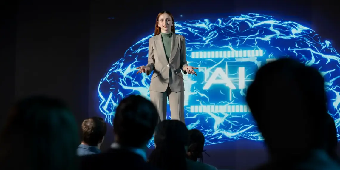 woman presents about ai to audience