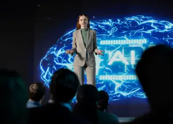 woman presents about ai to audience