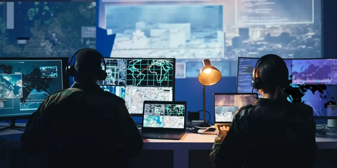analysts work on computers in dark urban workplace