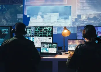 analysts work on computers in dark urban workplace