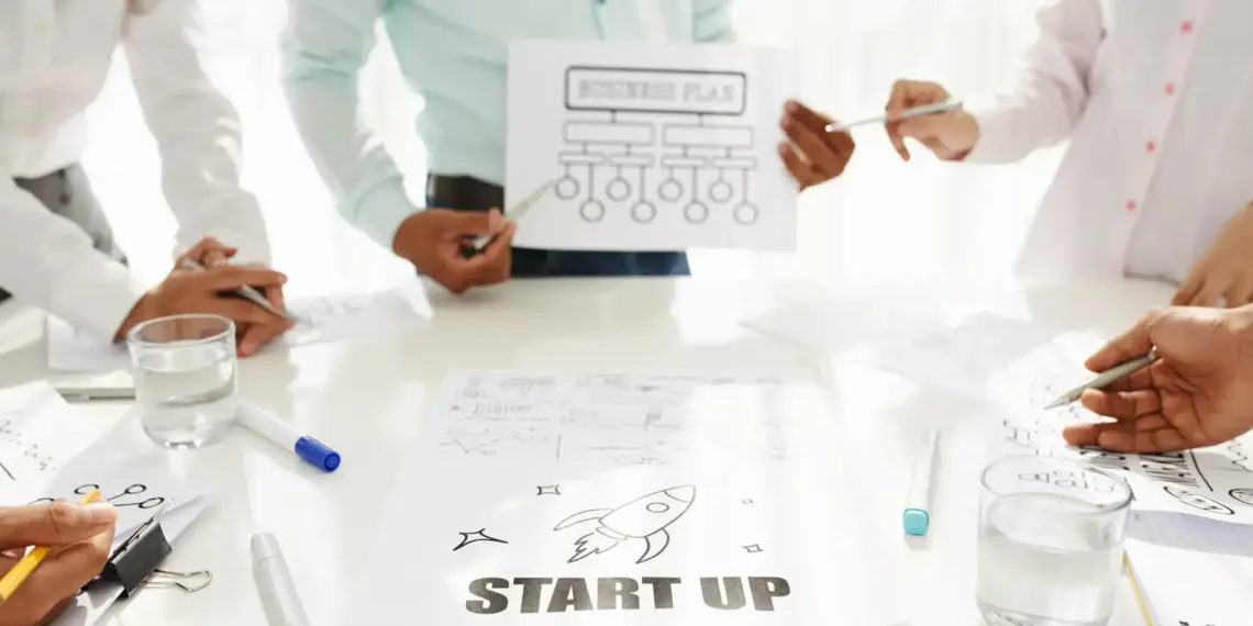 business team planning startup in bright office