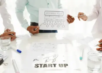 business team planning startup in bright office