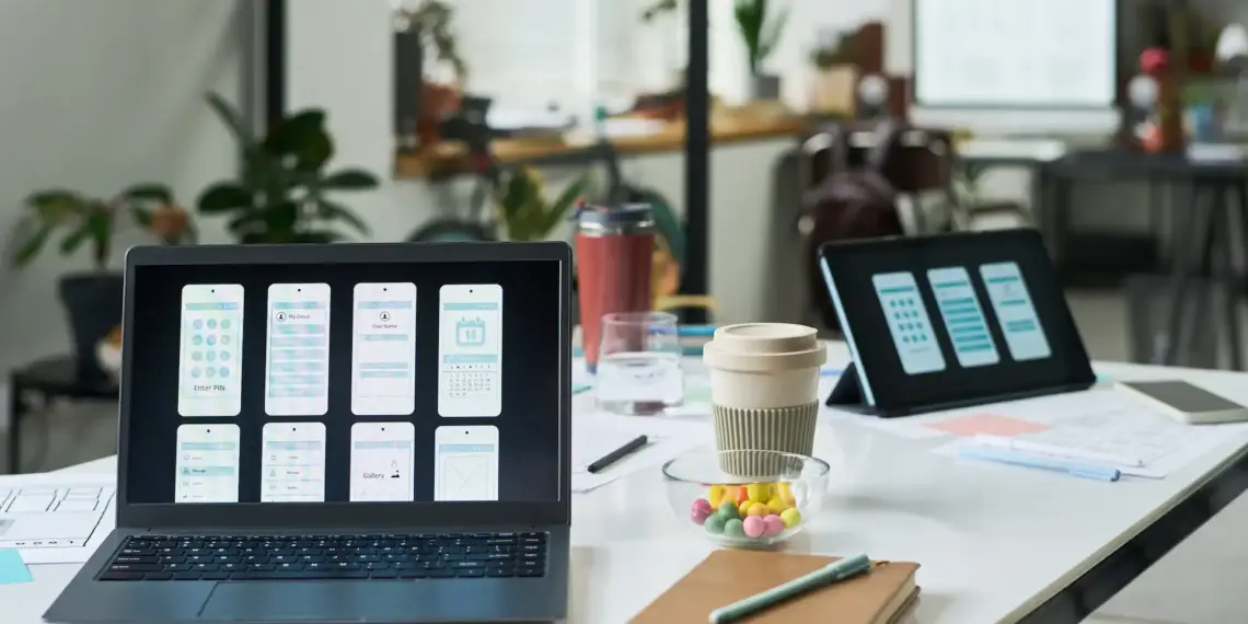modern office workspace featuring laptops display