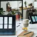modern office workspace featuring laptops display