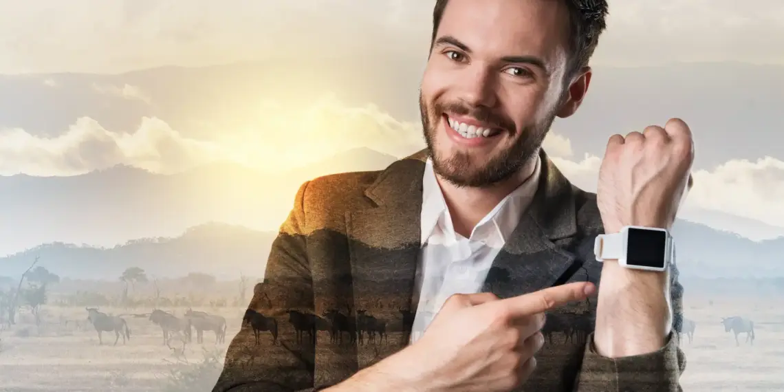 smiling young man pointing at smartwatch device